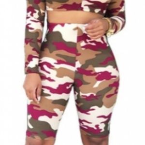 Camouflage Deep V Long Sleeve Two-Piece Set